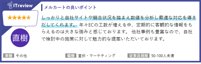 ITreview のレビュー「しっかりと自社サイトや競合状況を踏まえ数値を分析し最適な対応を導きだしてくれます」